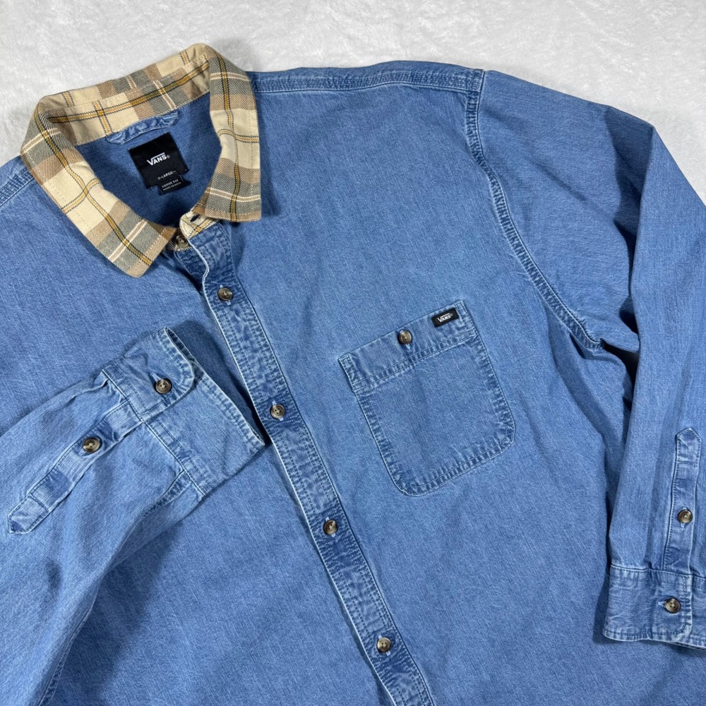 Vans Mens XL Denim Button Down Shirt Blue Plaid Collar Loose Fit Long Sleeve